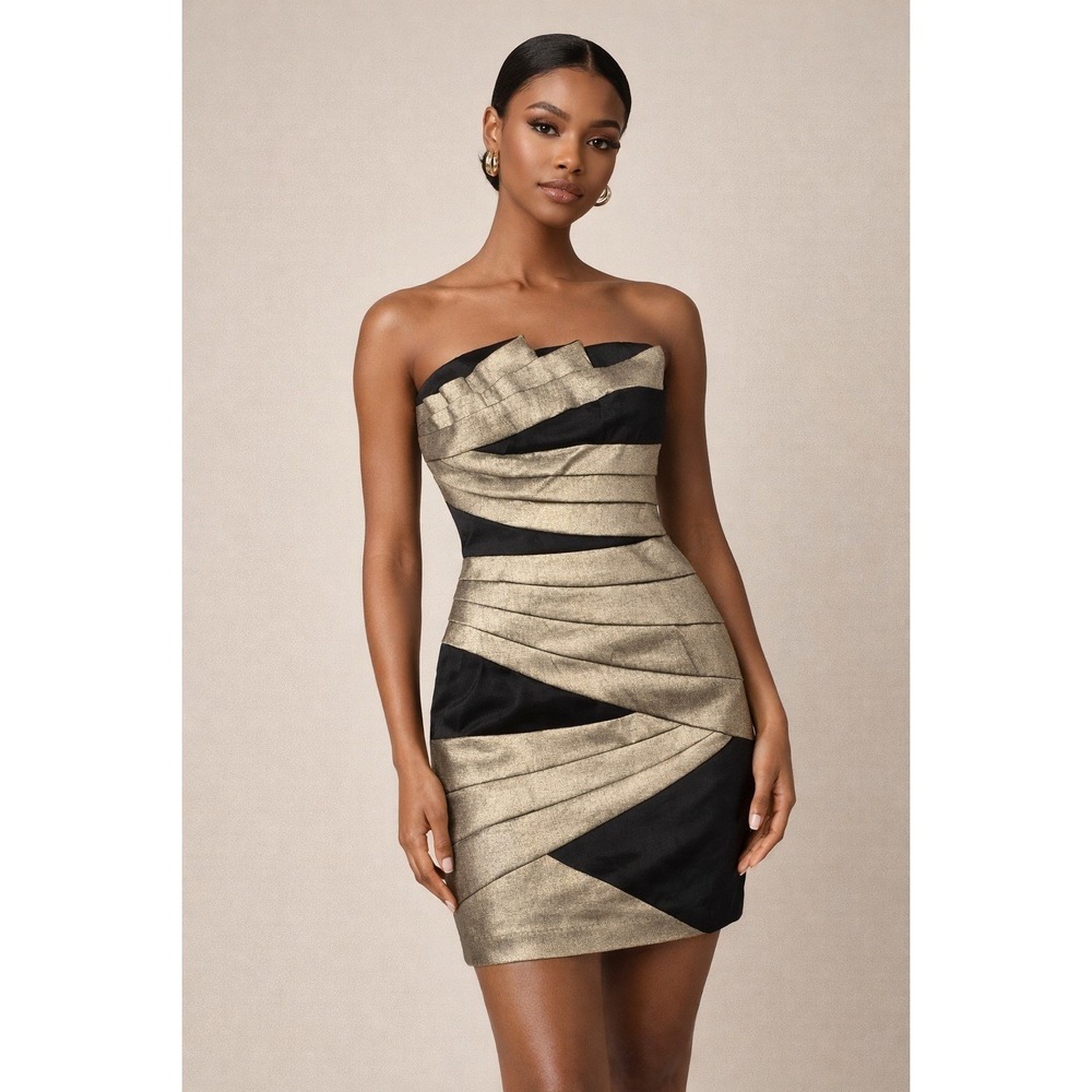 Jessica McClintock Metallic Colorblock Dress Womens Gold Black Strapless Size 4
